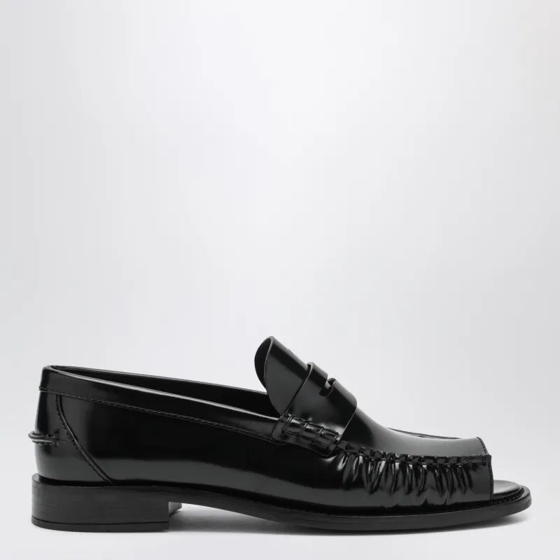 Black Brushed Leather Peep-Toe Loafers made by Prada