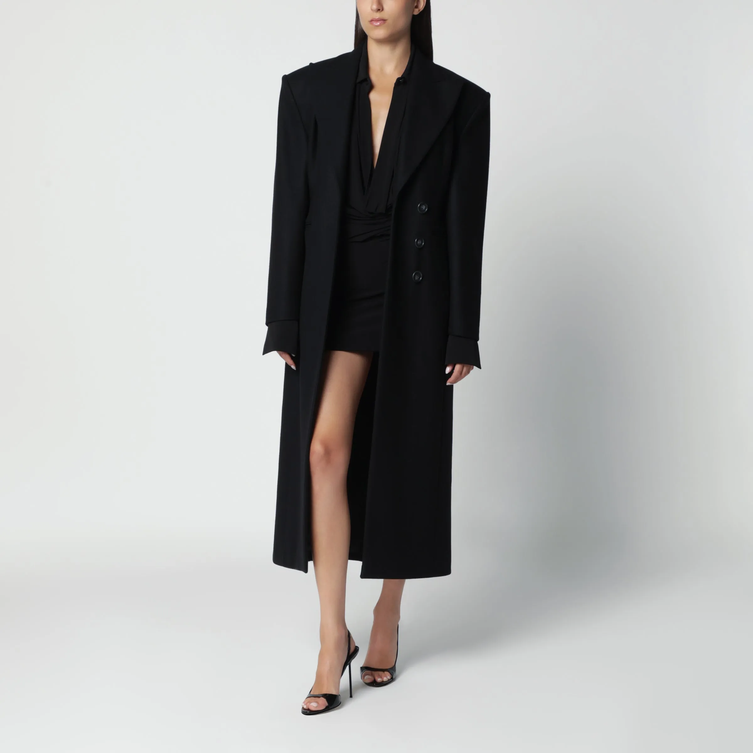 Black Single-Breasted Coat With Structured Shoulders sold by Wanan Luxury