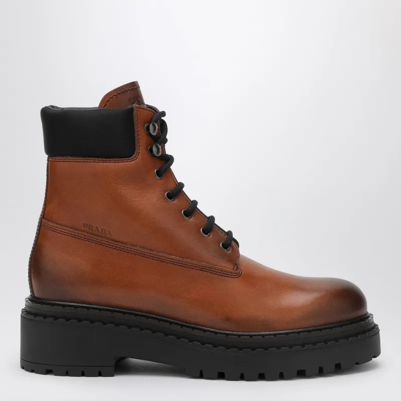 Cognac-Coloured Ankle Boots In Leather And Re-Nylon made by Prada