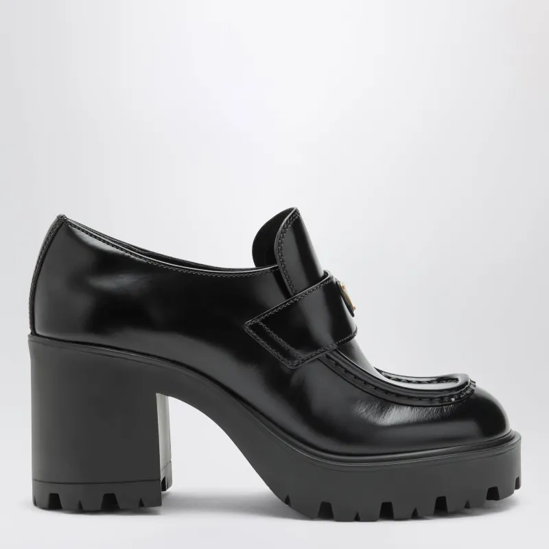 Brushed Leather Heeled Loafers In Black made by Prada