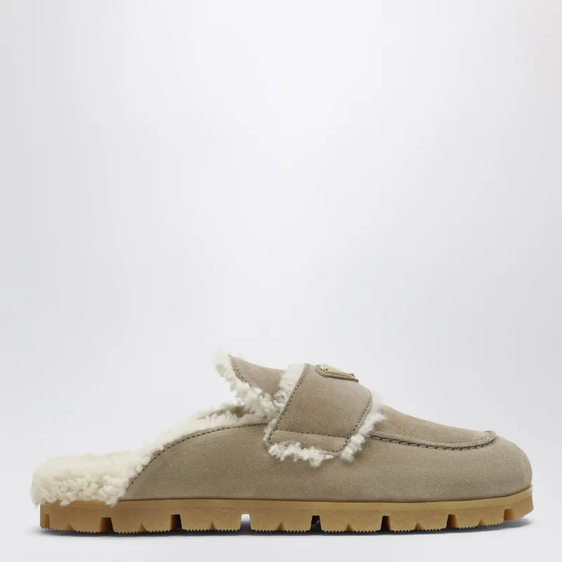 Suede And Shearling Mules In Desert made by Prada