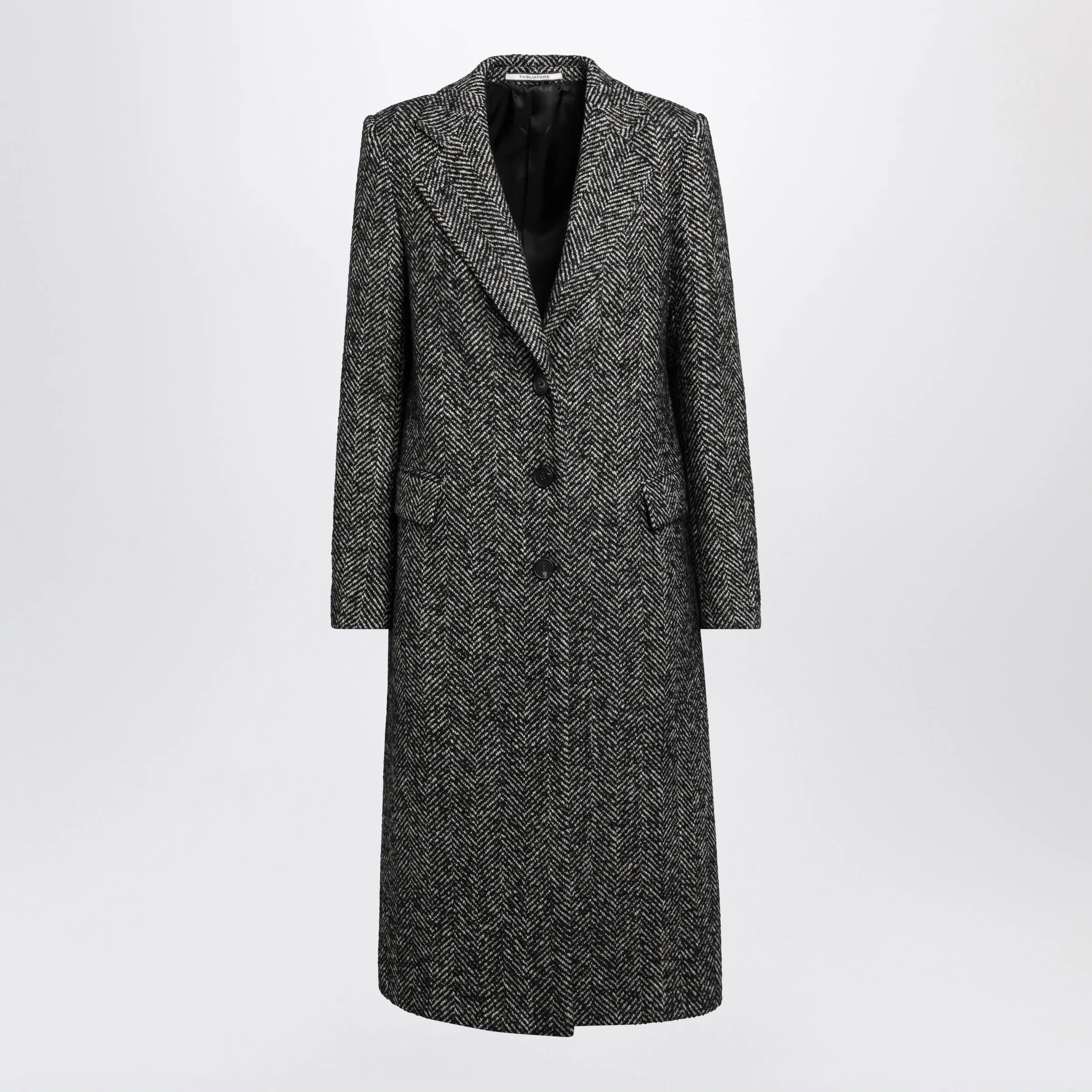 Single-Breasted Black Herringbone Coat In Wool Blend sold by Wanan Luxury