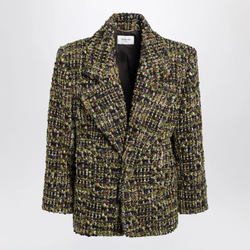 Single-Breasted Khaki Grey Green Tweed Jacket made by Yves Saint Laurent
