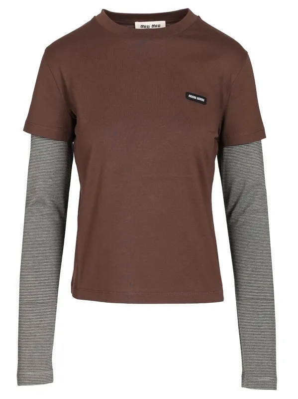 Long-Sleeved Double-Layer T-Shirt Brown made by Miu Miu