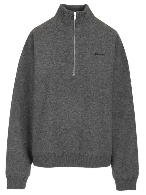 Cashmere And Jersey Zip-Up Sweater Knitwear Grey made by Miu Miu