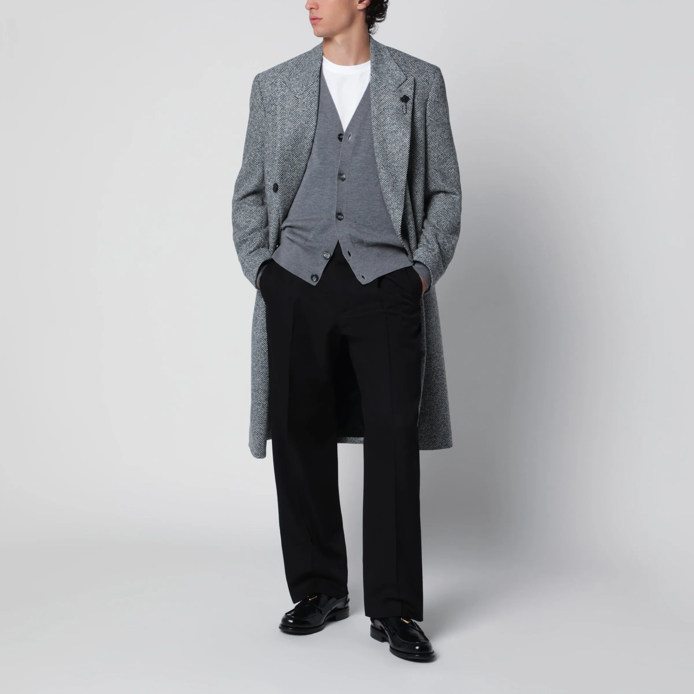 Grey Double-Breasted Coat In Wool With Herringbone Pattern sold by Wanan Luxury