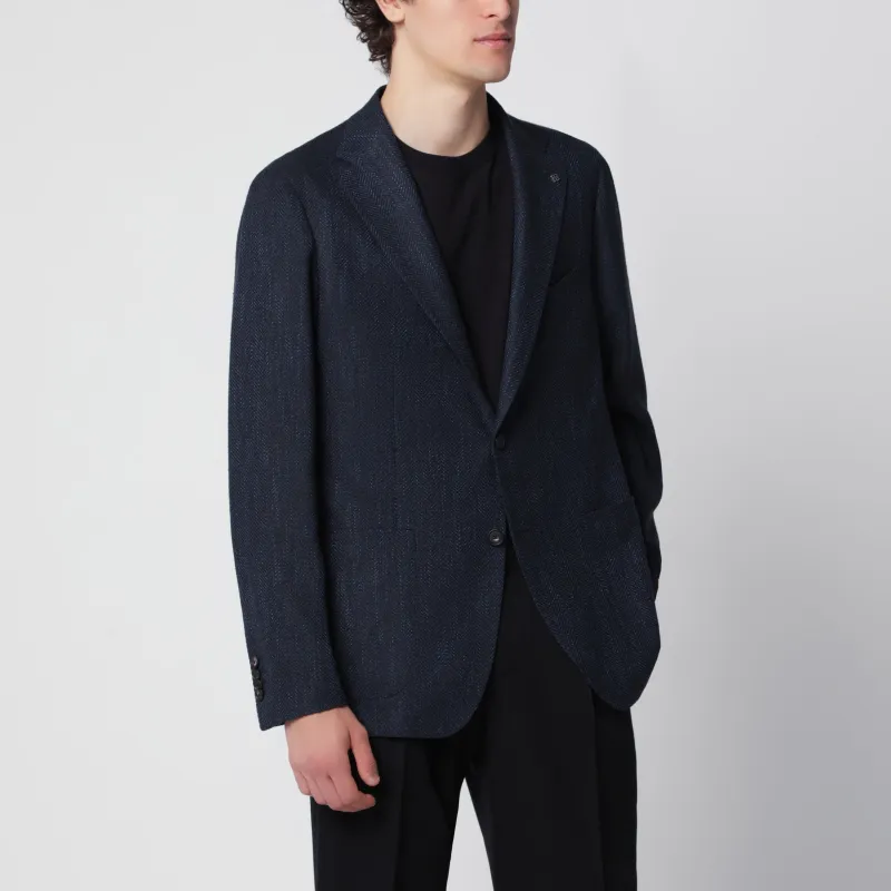 Blue Single-Breasted Jacket With A Herringbone Pattern made by Tagliatore