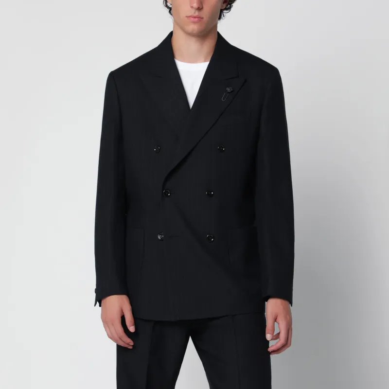 Blue Double-Breasted Jacket In Wool With Pinstripe Pattern made by Lardini