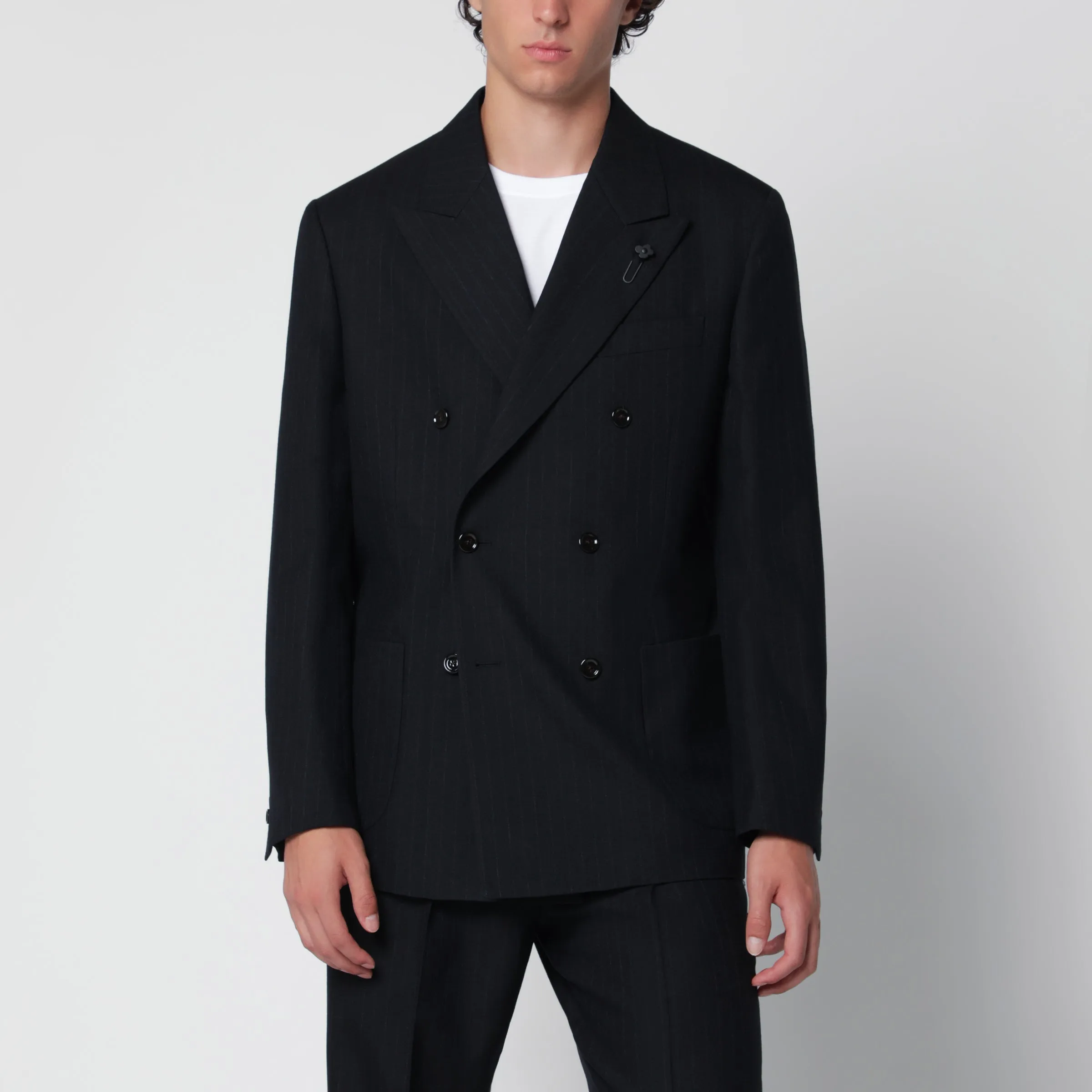 Blue Double-Breasted Jacket In Wool With Pinstripe Pattern sold by Wanan Luxury