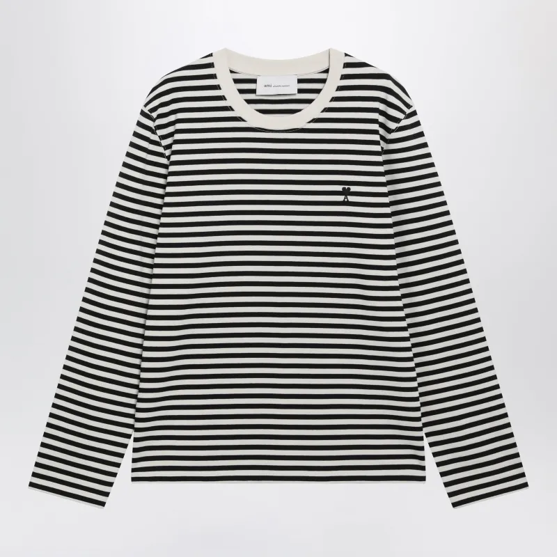White/Ivory Striped Ami De Coeur Sweater In Cotton made by Ami