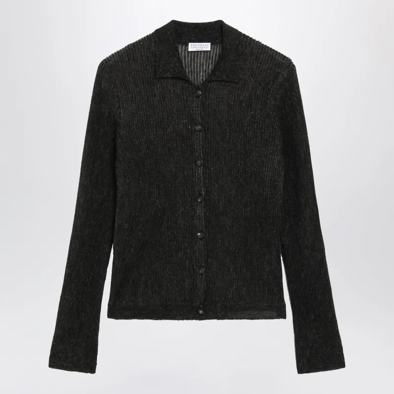 Sparkling Brown Ribbed Silk Blend Cardigan made by Brunello Cucinelli