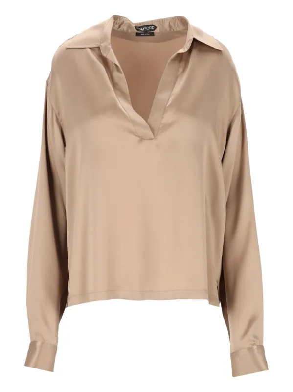 Peach-Feel Silk Satin Polo Shirts Beige made by Tom Ford