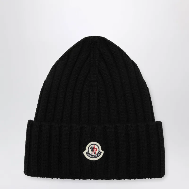 Black Cable-Knit Wool Beanie With Logo made by Moncler