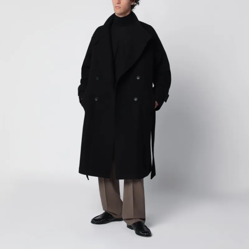 Black Double-Breasted Wool-Blend Coat With Belt made by Tagliatore