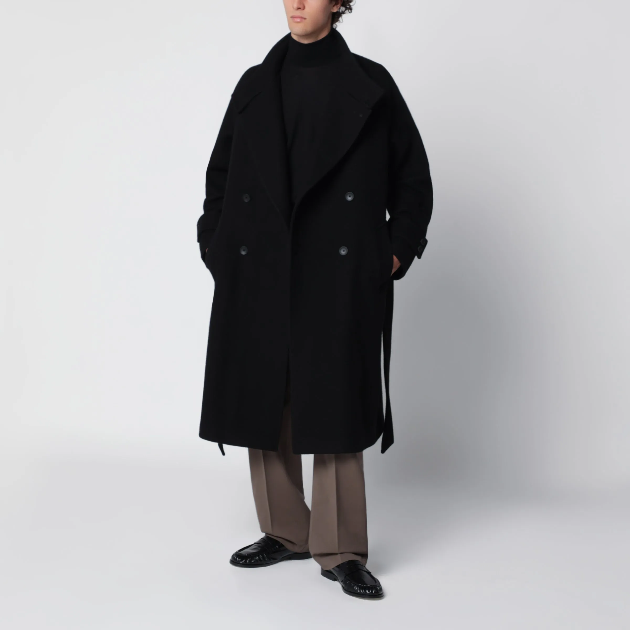 Black Double-Breasted Wool-Blend Coat With Belt sold by Wanan Luxury