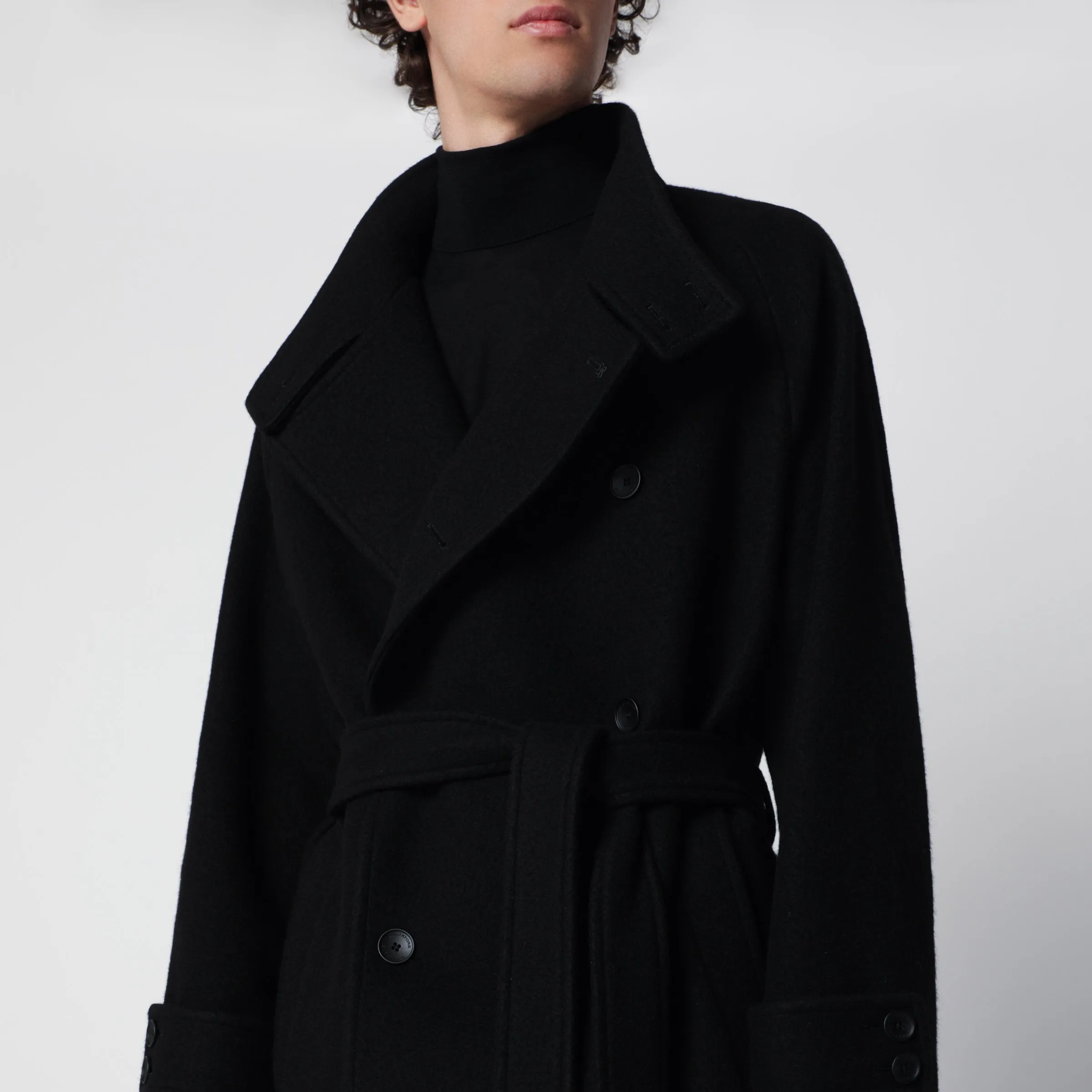 Black Double-Breasted Wool-Blend Coat With Belt sold by Wanan Luxury product image thumbnail 2