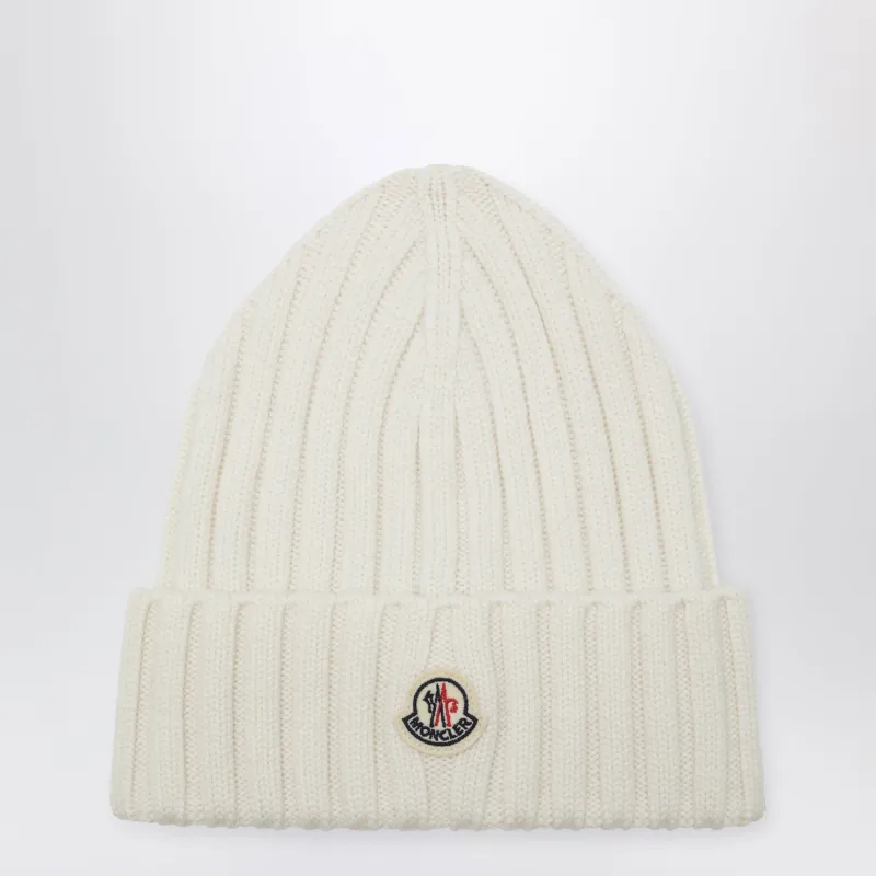 White Cable-Knit Wool Beanie With Logo made by Moncler