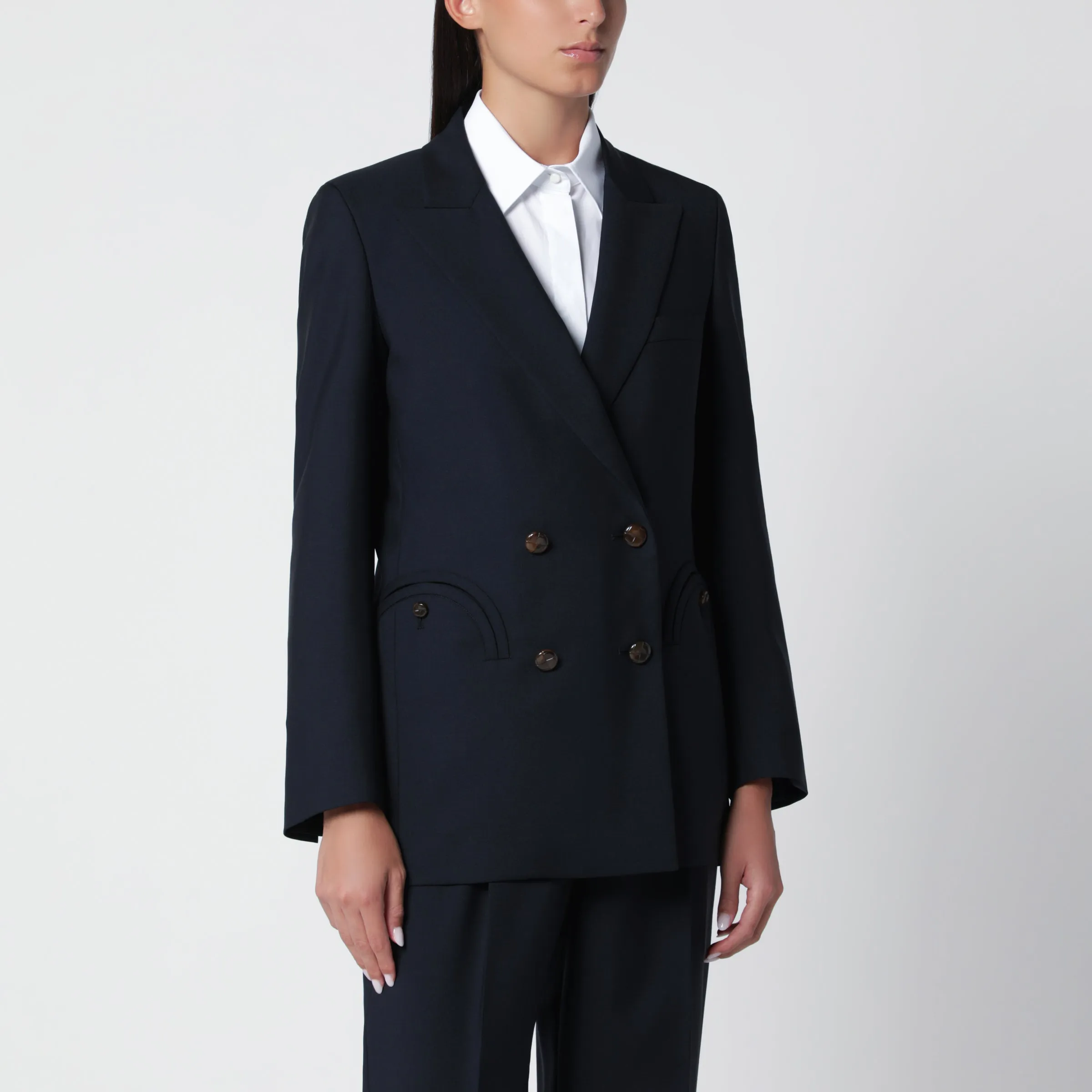 Double-Breasted Jacket In Navy Blue Wool And Mohair sold by Wanan Luxury