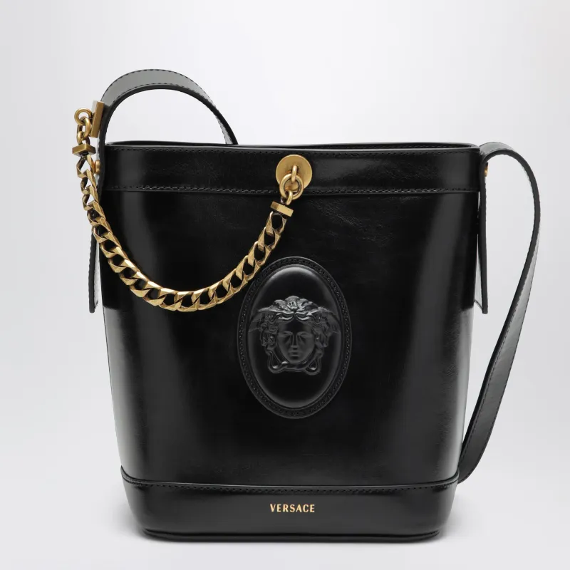 Black Leather Bucket Bag made by Versace