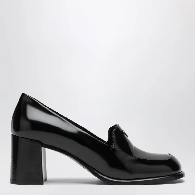 Black Brushed Leather Heeled Loafers made by Prada