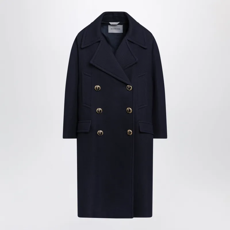 Long Navy Textured Wool Pea Coat made by Balenciaga