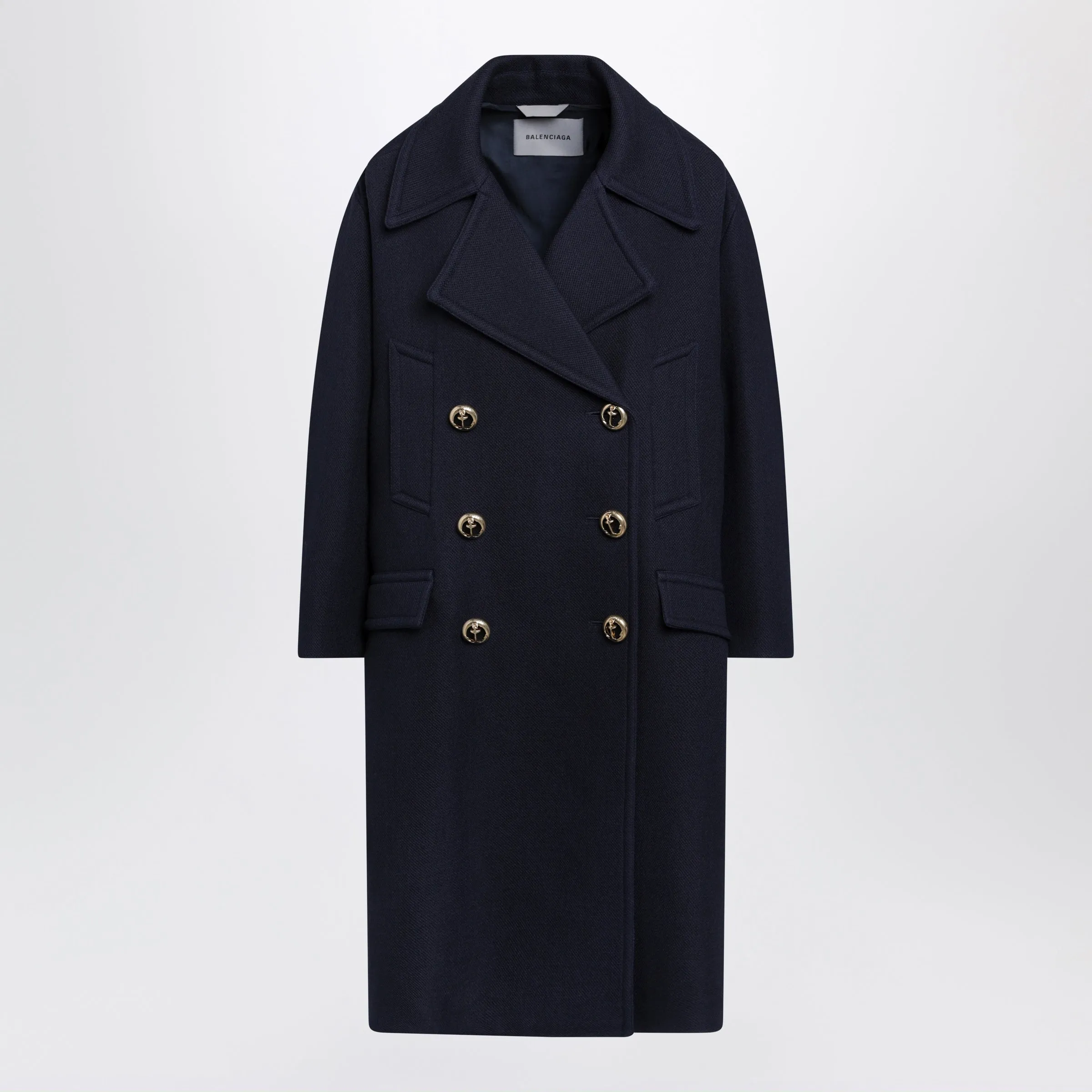 Long Navy Textured Wool Pea Coat sold by Wanan Luxury