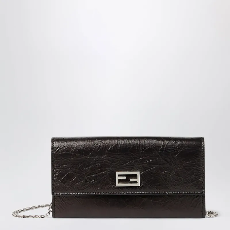 Tube Continental Wallet With Chain In Black Cracked Leather made by Fendi