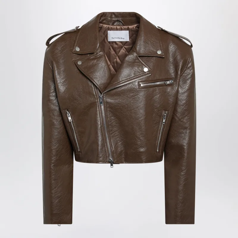 Cropped Brown Biker Jacket In Faux Leather made by Frankie Shop