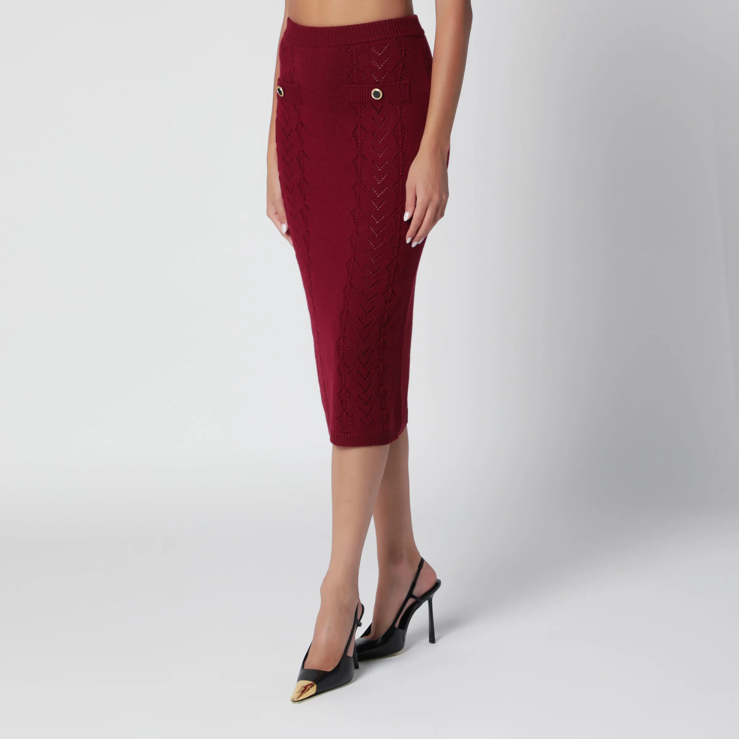 Bordeaux Merino Wool Lace Knit Midi Skirt sold by Wanan Luxury product image thumbnail 3