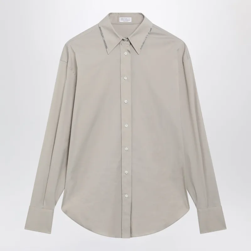 Monili Trim Stony Ground Cotton Poplin Shirt made by Brunello Cucinelli