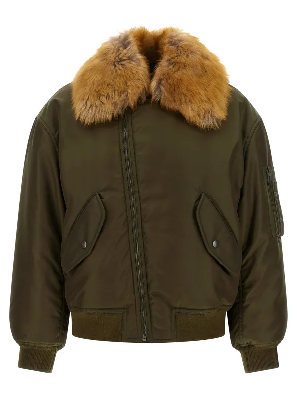 Removable Shearling Neck Bomber Jacket Green made by Yves Saint Laurent