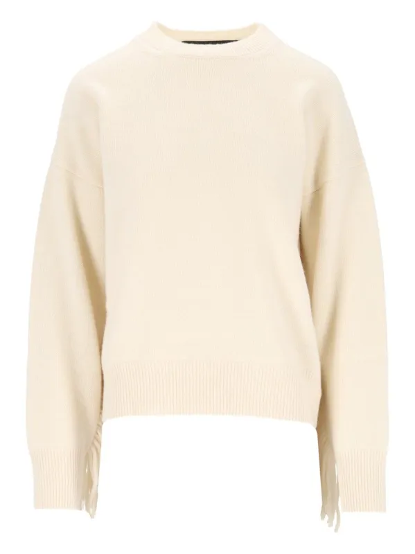 Maglia Girocollo M/L Con Frange - Lana Merino/Cashmere Knitwear White made by Federica Tosi