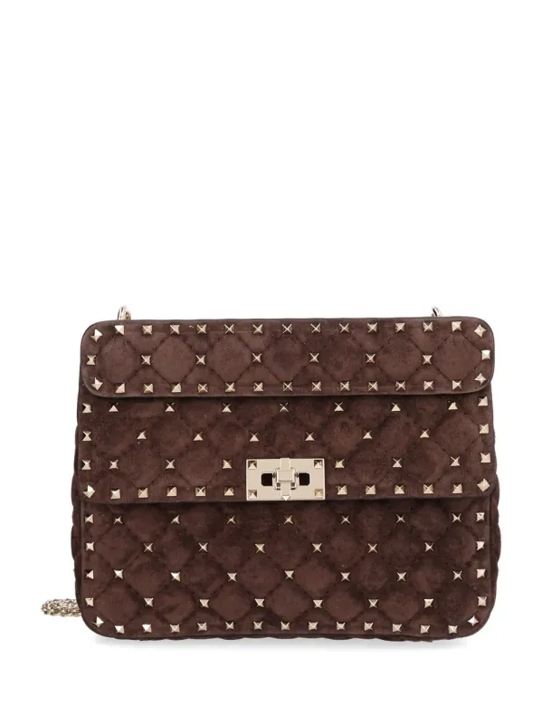 Rockstud Spike Medium Shoulder Bag Suede S./Platinum Studs Shoulder Bags Brown made by Valentino Garavani