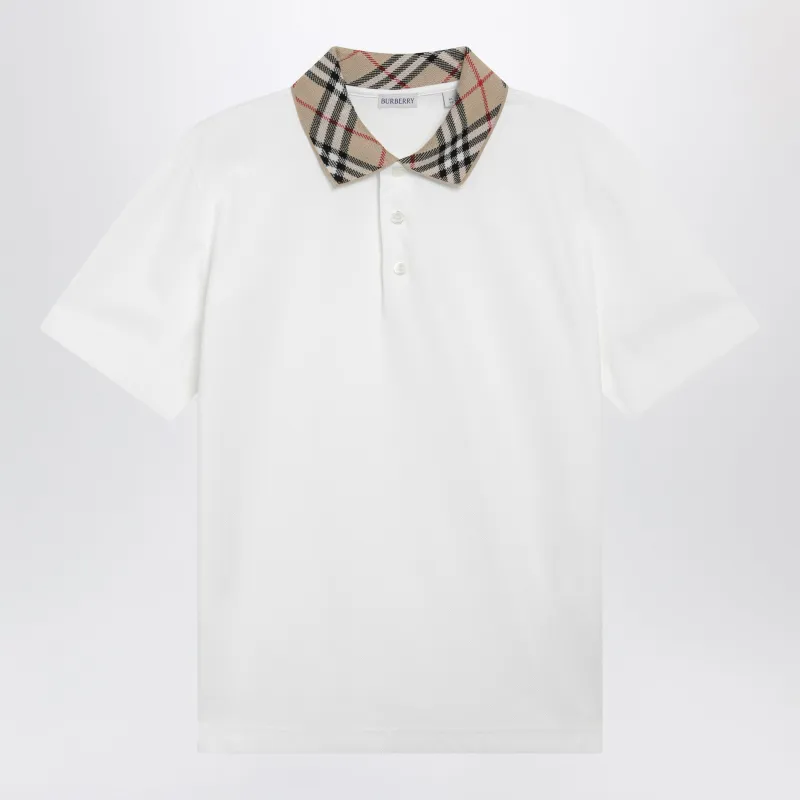 Chalk Cotton Piqué Polo Shirt With Check Collar made by Burberry
