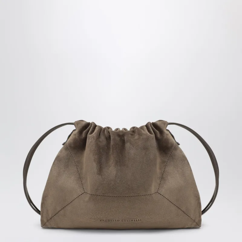 Grey Green Suede Bc Duo Pouch Bag With Monile made by Brunello Cucinelli