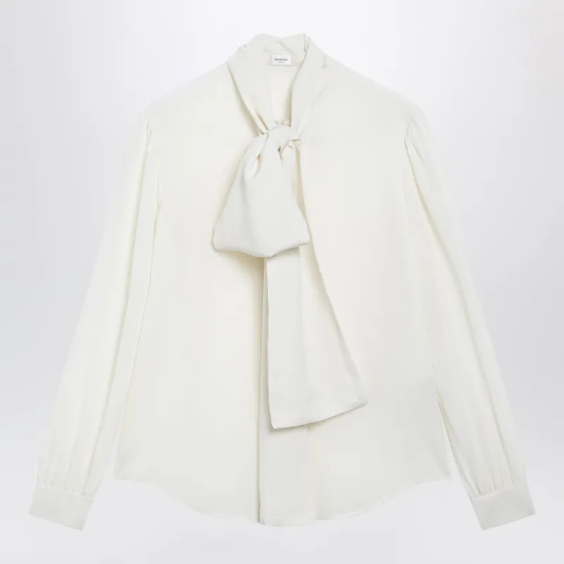 Chalk Silk Lavallière-Neck Blouse made by Yves Saint Laurent