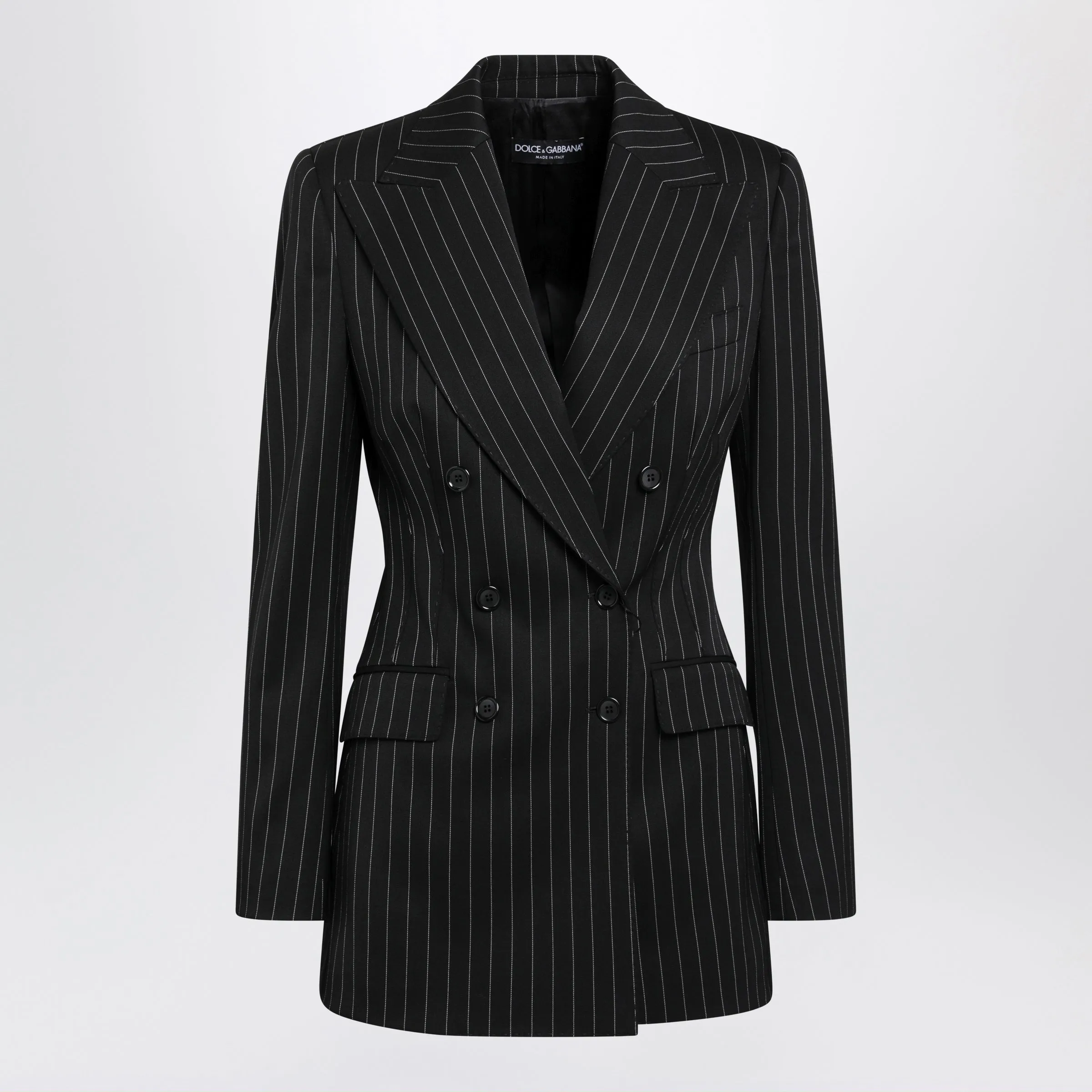 Double-Breasted Black Pinstripe Blazer In Virgin Wool sold by Wanan Luxury