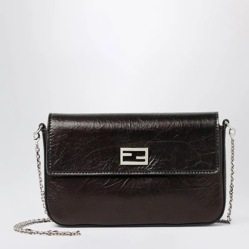 Compact Black Crackled Leather Wallet On Chain Tube made by Fendi