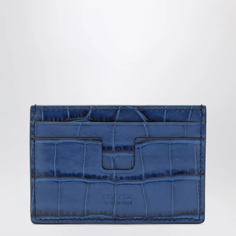 Card Holder In Blue Glossy Crocodile-Effect Leather made by Tom Ford