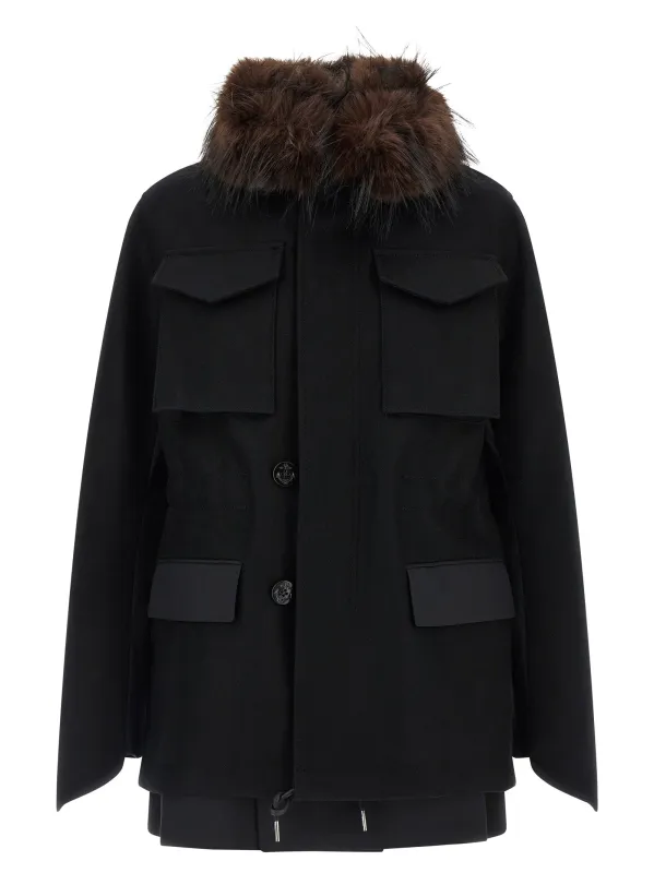 Wool Coat With Fur Insert Puffer Jackets Black made by Sacai