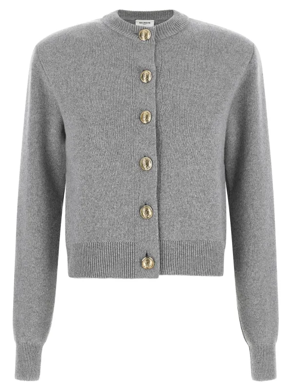 Sculpture Button Crew Neck Cardigan Gray made by Balmain