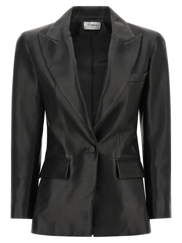Leather Blazer Puffer Jackets Black made by Balmain