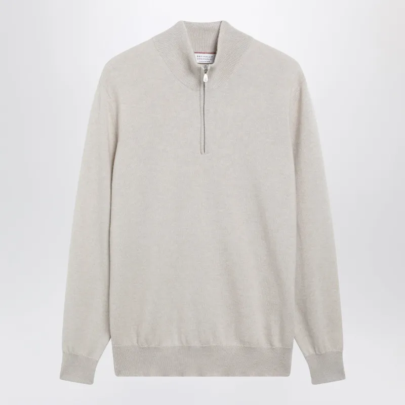 Sand Cashmere Half-Zip Turtleneck Sweater made by Brunello Cucinelli