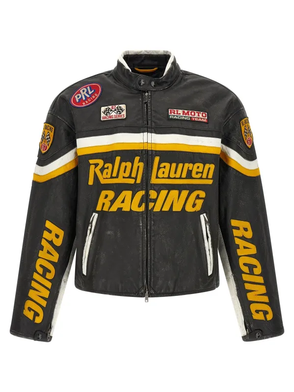 Leather Biker Jacket With Patch Puffer Jackets Black made by Polo by Ralph Lauren