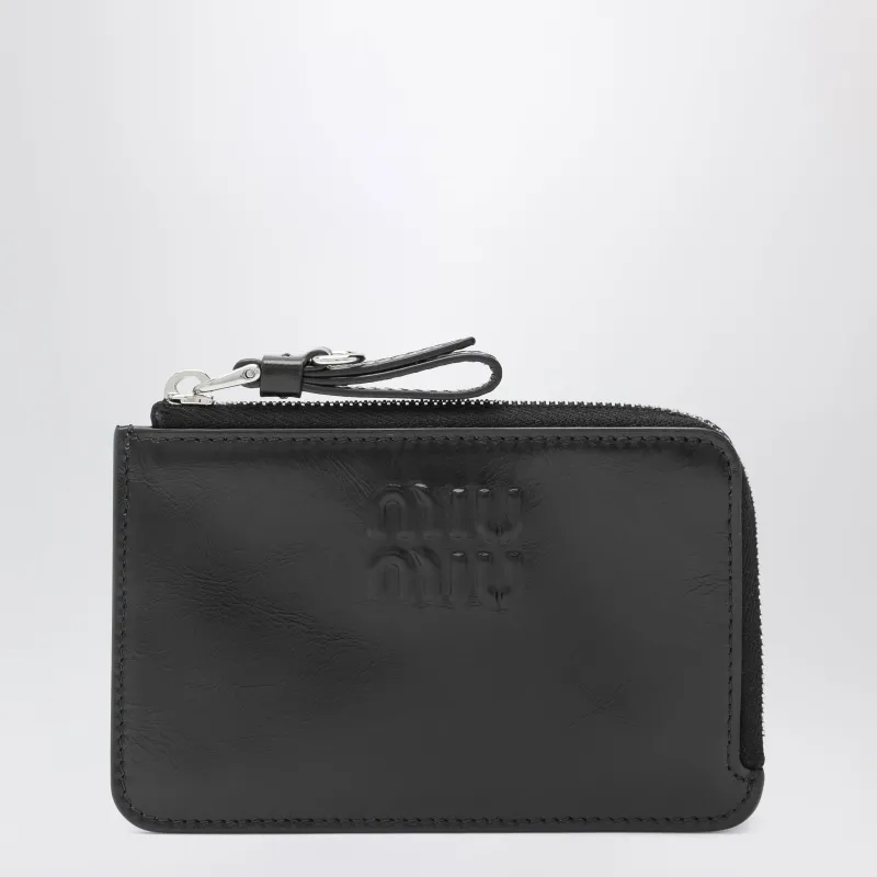 Black Zip Card Holder In Calfskin Leather made by Miu Miu