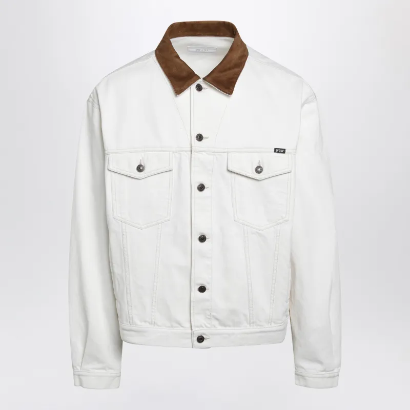 White Old Denim Jacket With Leather Details made by Prada