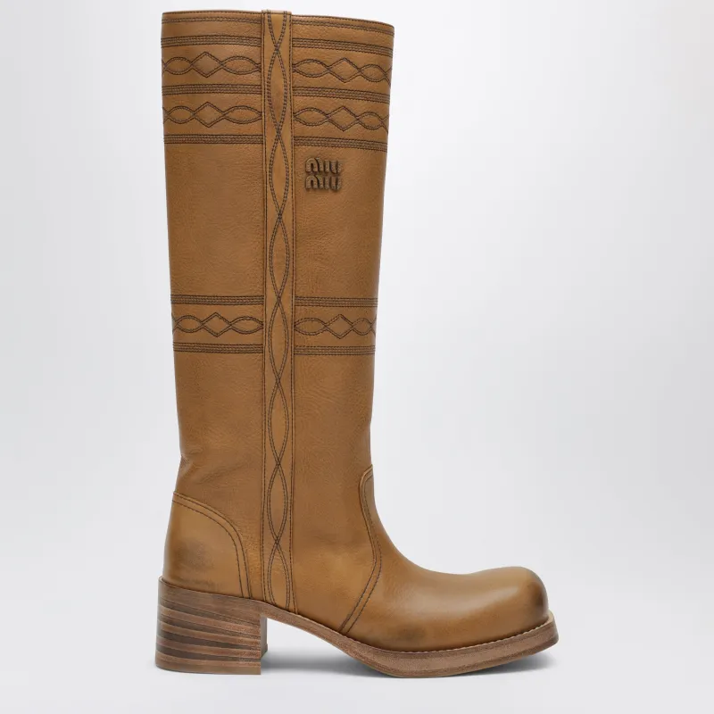 Embroidered Leather Boots In Cuoio made by Miu Miu