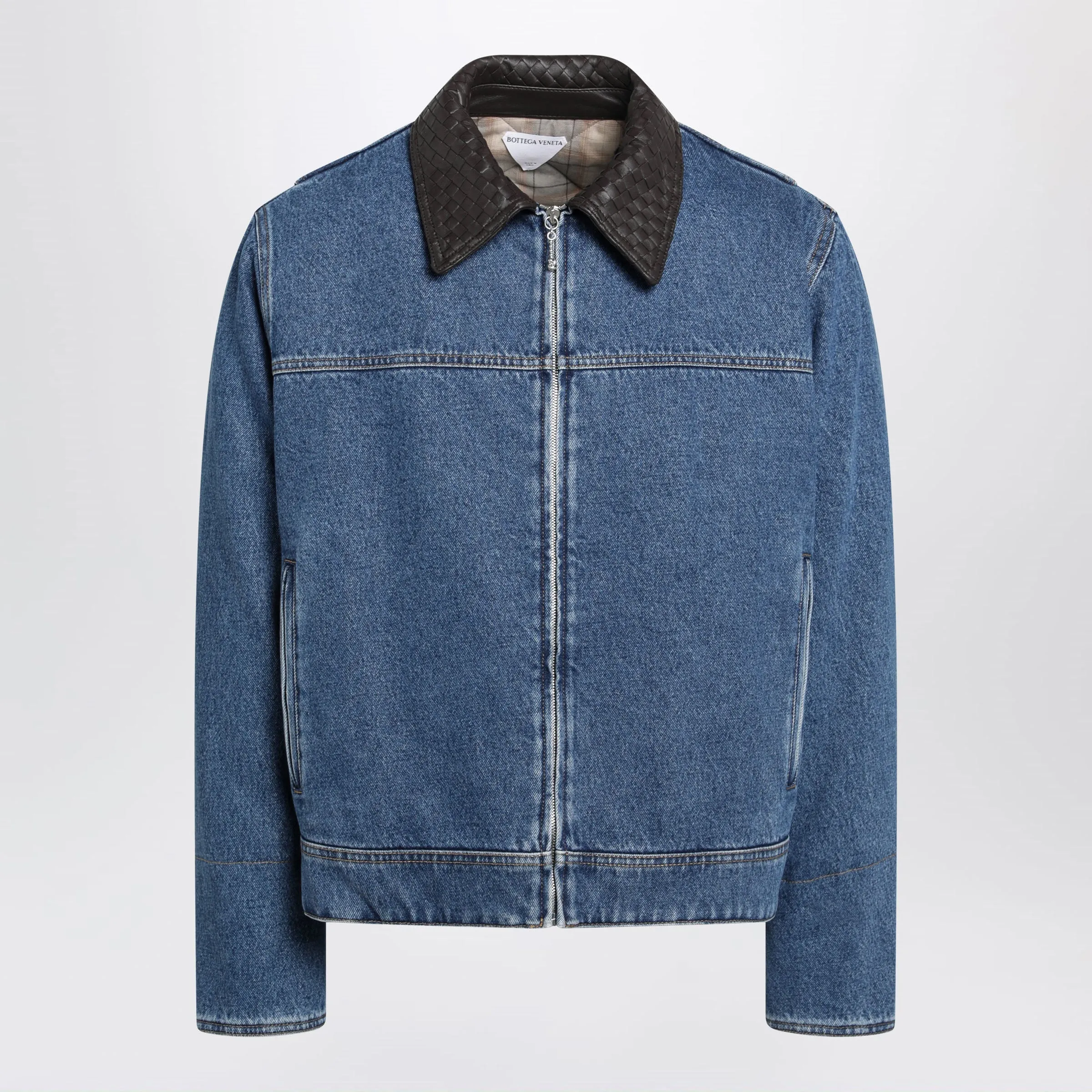 Blue Denim Jacket With Intrecciato Collar sold by Wanan Luxury