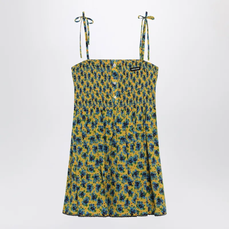 Yellow And Blue Floral Silk Mini Dress made by Miu Miu