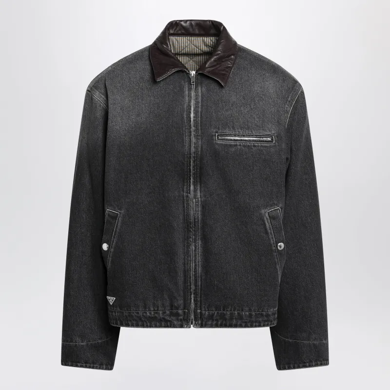 Black Zip-Up Denim Jacket With Vintage Effect made by Prada
